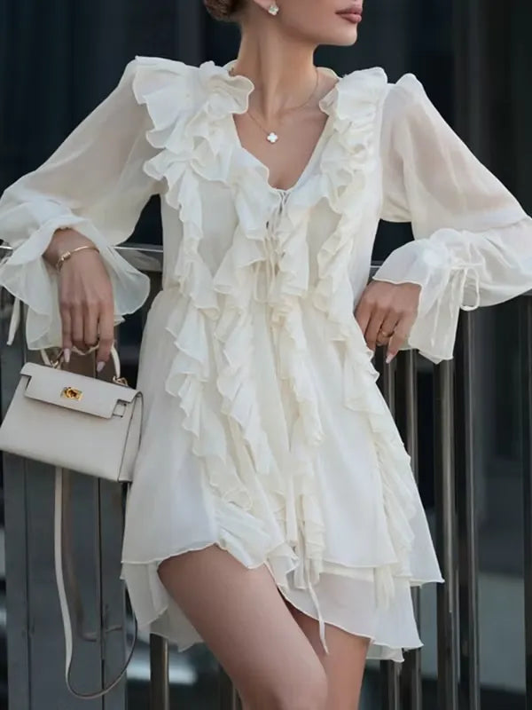 Ivory Romantic A-Line V-Neck Long Sleeves Ruffle Tie Mini Homecoming Dress