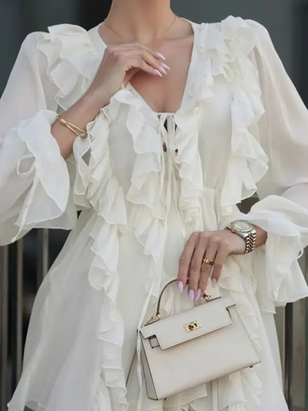 Ivory Romantic A-Line V-Neck Long Sleeves Ruffle Tie Mini Homecoming Dress