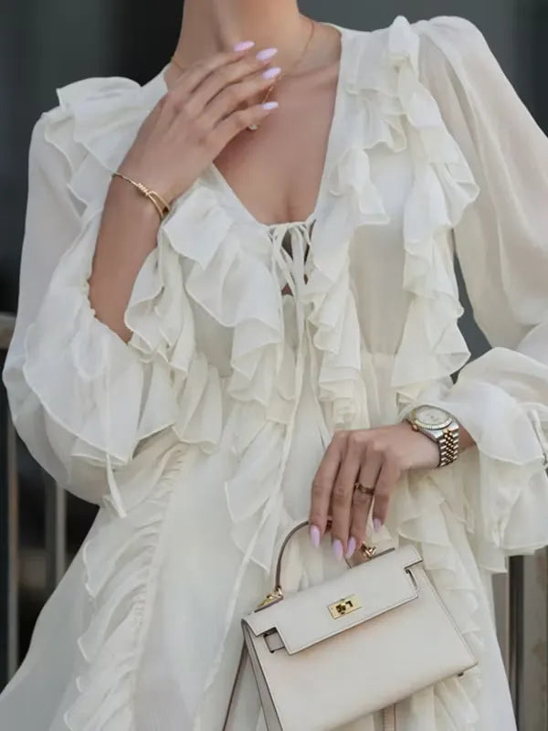Ivory Romantic A-Line V-Neck Long Sleeves Ruffle Tie Mini Homecoming Dress