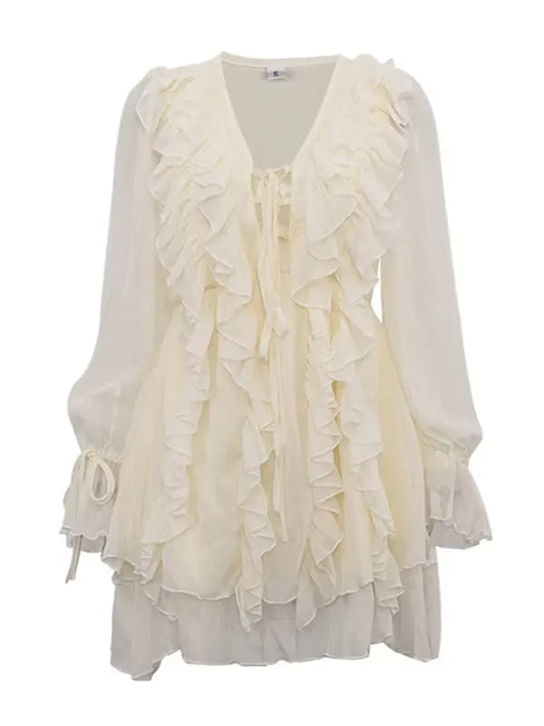 Ivory Romantic A-Line V-Neck Long Sleeves Ruffle Tie Mini Homecoming Dress
