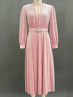 Romantic A-Line V-Neck Long Sleeve Blush Pink Maxi Prom Dress for Women Hot Sale