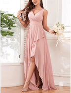 Romantic A-Line V-Neck Sleeveless Ruffled Blush Pink Maxi Prom Dress for Women Ready to Ship