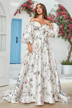 Romantic A-Line V Neck 1/2 Sleeve Zipper Up Chapel Train Wedding Dress
