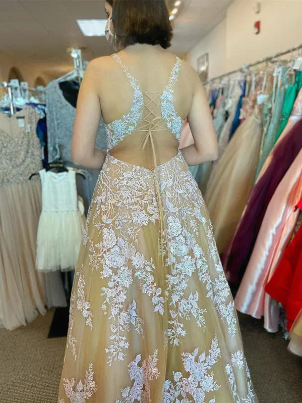 Prom Dress Champagne A Line V Neck Lace Applique Tulle Floor Length Dreamy Romantic For Prom Night