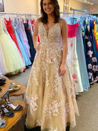 Prom Dress Champagne A Line V Neck Lace Applique Tulle Floor Length Dreamy Romantic For Prom Night
