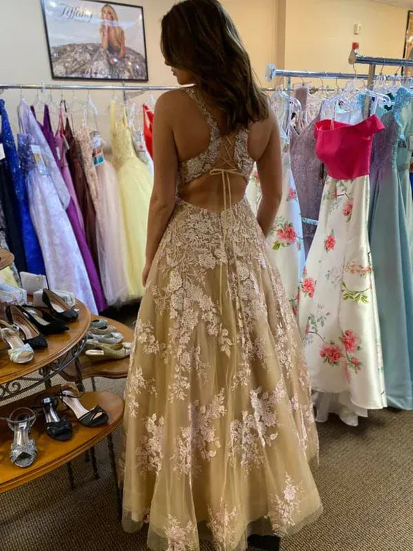 Prom Dress Champagne A Line V Neck Lace Applique Tulle Floor Length Dreamy Romantic For Prom Night