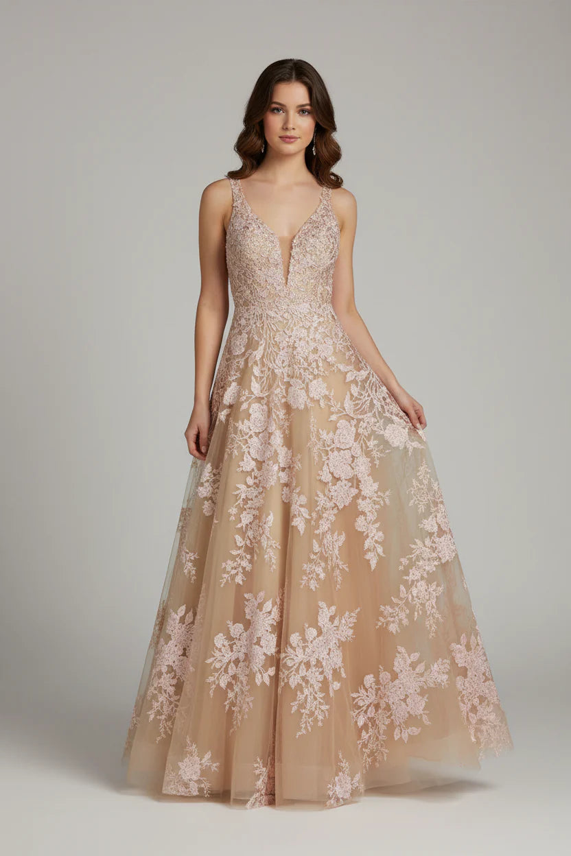 Prom Dress Champagne A Line V Neck Lace Applique Tulle Floor Length Dreamy Romantic For Prom Night