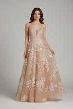 Prom Dress Champagne A Line V Neck Lace Applique Tulle Floor Length Dreamy Romantic For Prom Night