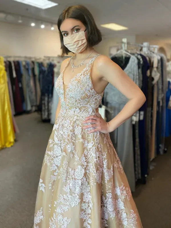 Prom Dress Champagne A Line V Neck Lace Applique Tulle Floor Length Dreamy Romantic For Prom Night