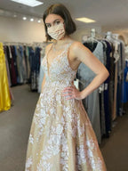 Prom Dress Champagne A Line V Neck Lace Applique Tulle Floor Length Dreamy Romantic For Prom Night