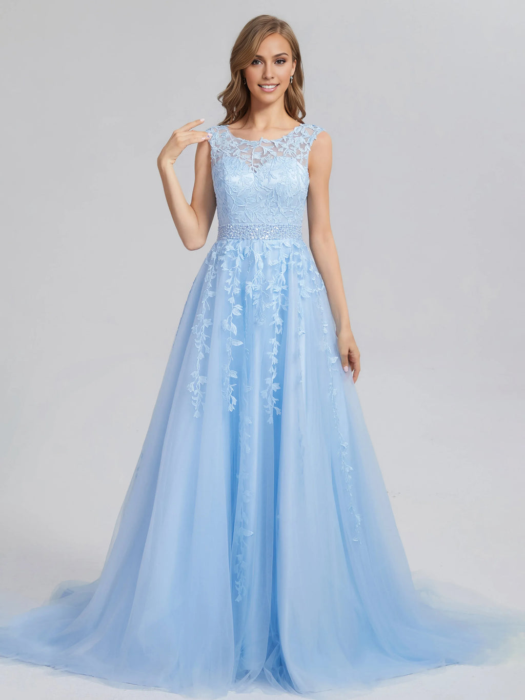 Romantic A-line Bateau Neck Sleeveless up Chapel Train Prom Dress