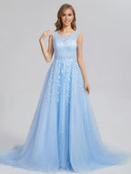 Romantic A-line Bateau Neck Sleeveless up Chapel Train Prom Dress