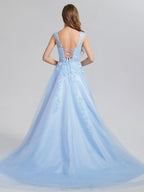 Romantic A-line Bateau Neck Sleeveless up Chapel Train Prom Dress