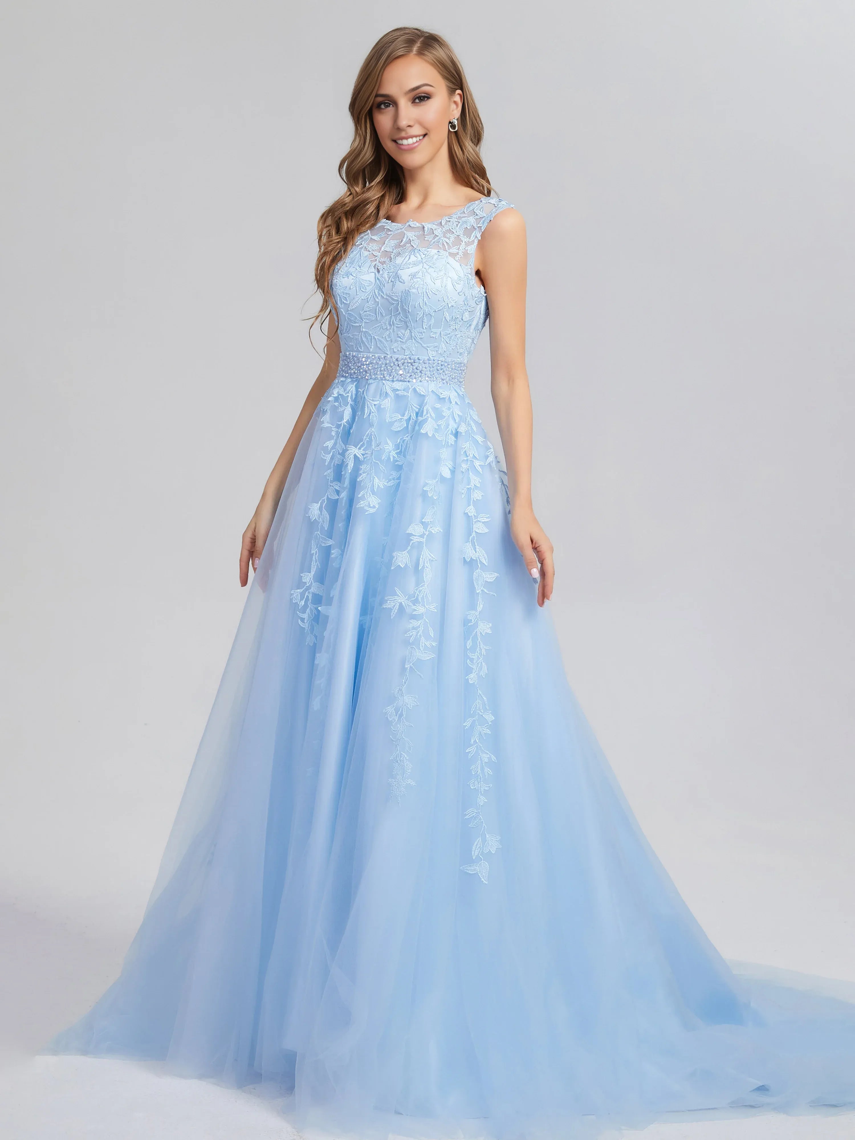 Romantic A-line Bateau Neck Sleeveless up Chapel Train Prom Dress