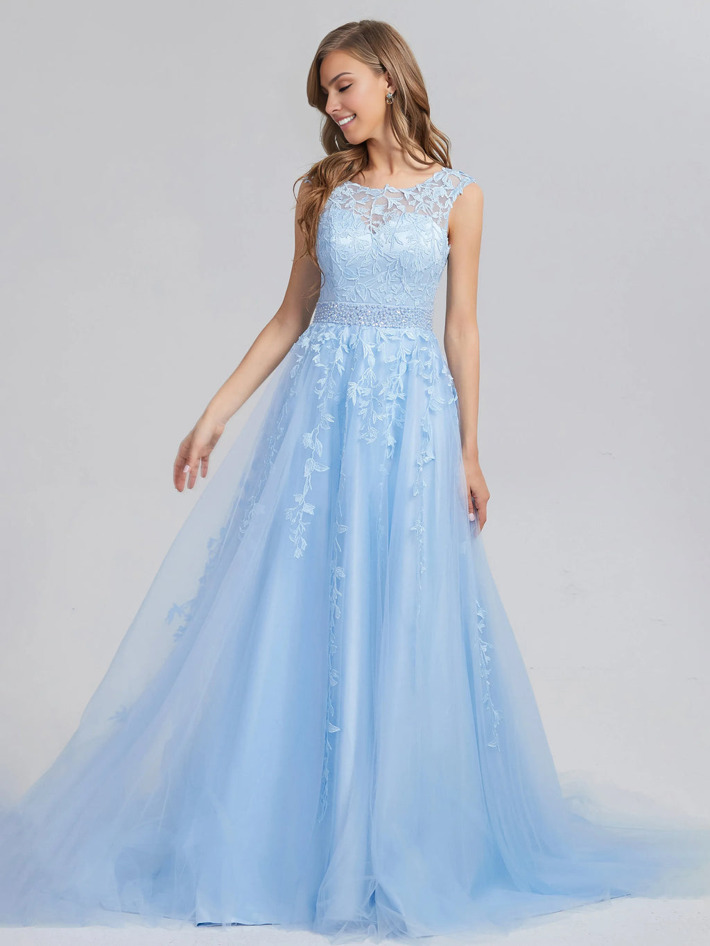 Romantic A-line Bateau Neck Sleeveless up Chapel Train Prom Dress