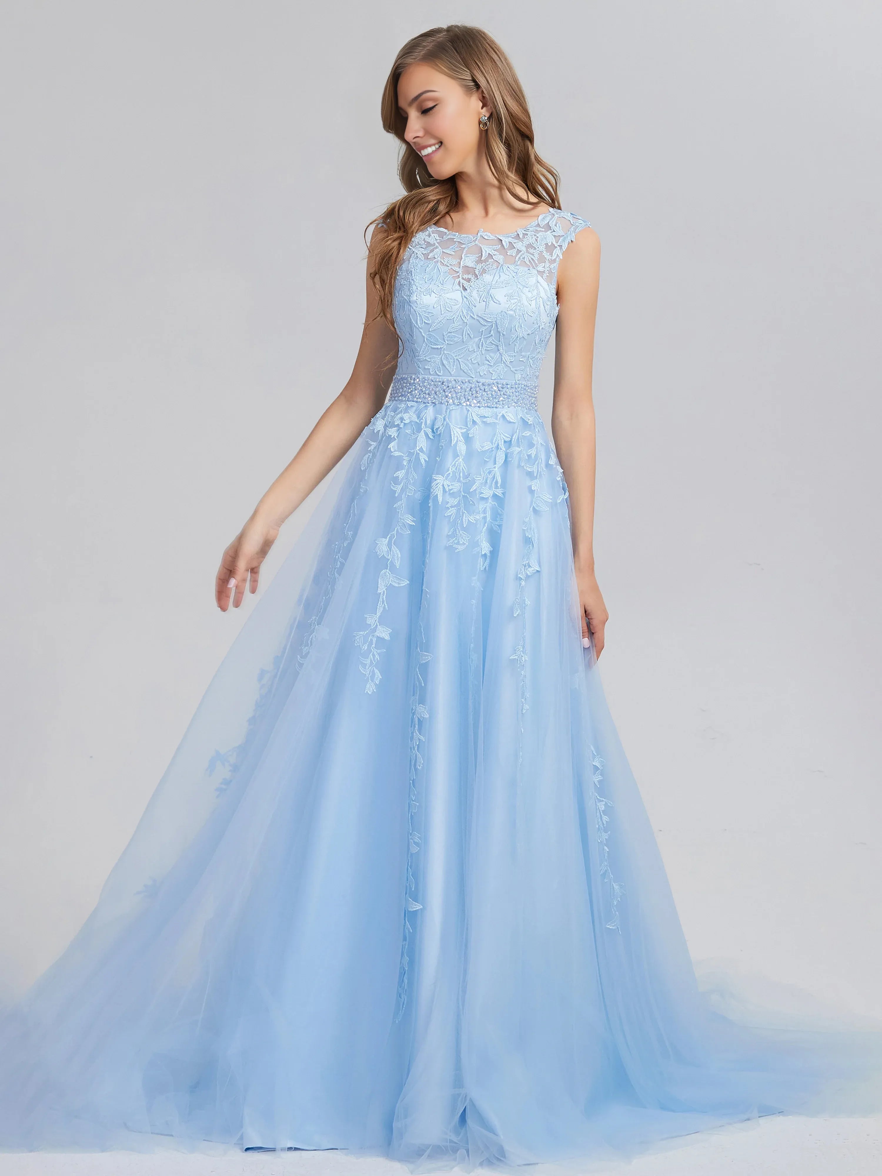 Romantic A-line Bateau Neck Sleeveless up Chapel Train Prom Dress