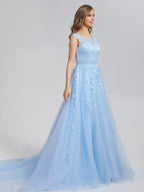 Romantic A-line Bateau Neck Sleeveless up Chapel Train Prom Dress