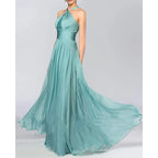 Romantic A-line Halter Neck Sleeveless Ruched Sage Green Maxi Prom Dress Ready to Ship