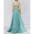 Romantic A-line Halter Neck Sleeveless Ruched Sage Green Maxi Prom Dress Ready to Ship