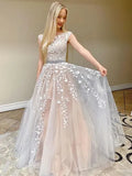Romantic A Line Round Neck Cap Sleeve Floral Lace Beaded Tulle Blush Train Prom Dress
