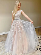Romantic A Line Round Neck Cap Sleeve Floral Lace Beaded Tulle Blush Train Prom Dress