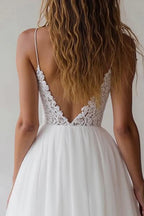 Romantic A Line Spaghetti Straps Sleeveless Appliques Floor-Length Wedding Dress