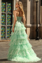 Romantic A Line Strapless Bow Tiered Tulle Sequin Mint Train Prom Dress With Slit