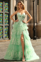 Romantic A Line Strapless Bow Tiered Tulle Sequin Mint Train Prom Dress With Slit