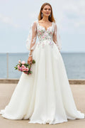 Romantic A Line V Neck Long Sleeve Appliques Sweep Train Wedding Dress