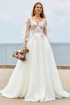 Romantic A Line V Neck Long Sleeve Appliques Sweep Train Wedding Dress