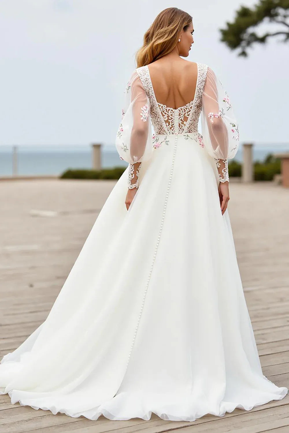 Romantic A Line V Neck Long Sleeve Appliques Sweep Train Wedding Dress