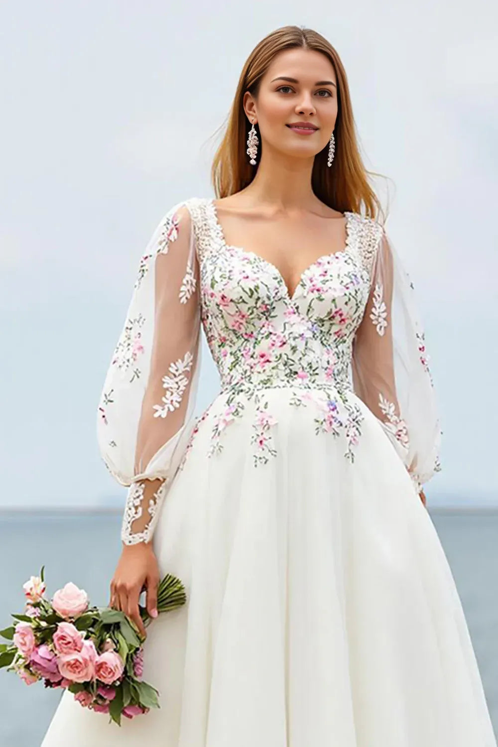 Romantic A Line V Neck Long Sleeve Appliques Sweep Train Wedding Dress