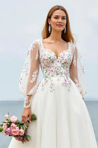 Romantic A Line V Neck Long Sleeve Appliques Sweep Train Wedding Dress