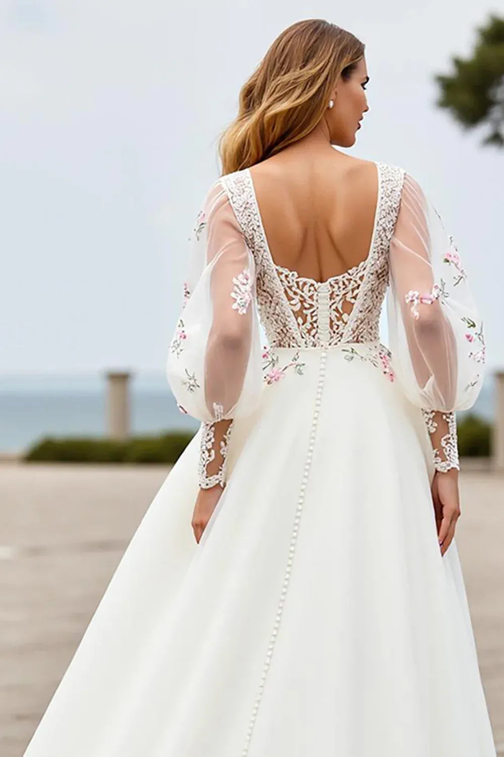 Romantic A Line V Neck Long Sleeve Appliques Sweep Train Wedding Dress