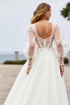 Romantic A Line V Neck Long Sleeve Appliques Sweep Train Wedding Dress