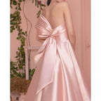 Romantic Ball-Gown Strapless Sleeveless Bow-Back Dusty Pink Floor-Length Prom Dress With Pocket