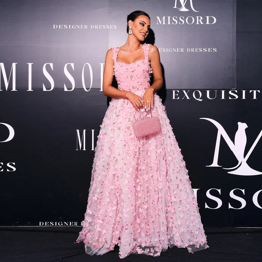 Romantic A-Line Square Neck 3D Floral Applique Pink Floor Length Evening Dress For Sale