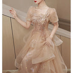 Romantic Ball Gown Square Neck Puff Sleeve Sequin Champagne Long Prom Dress For Women Hot Sale