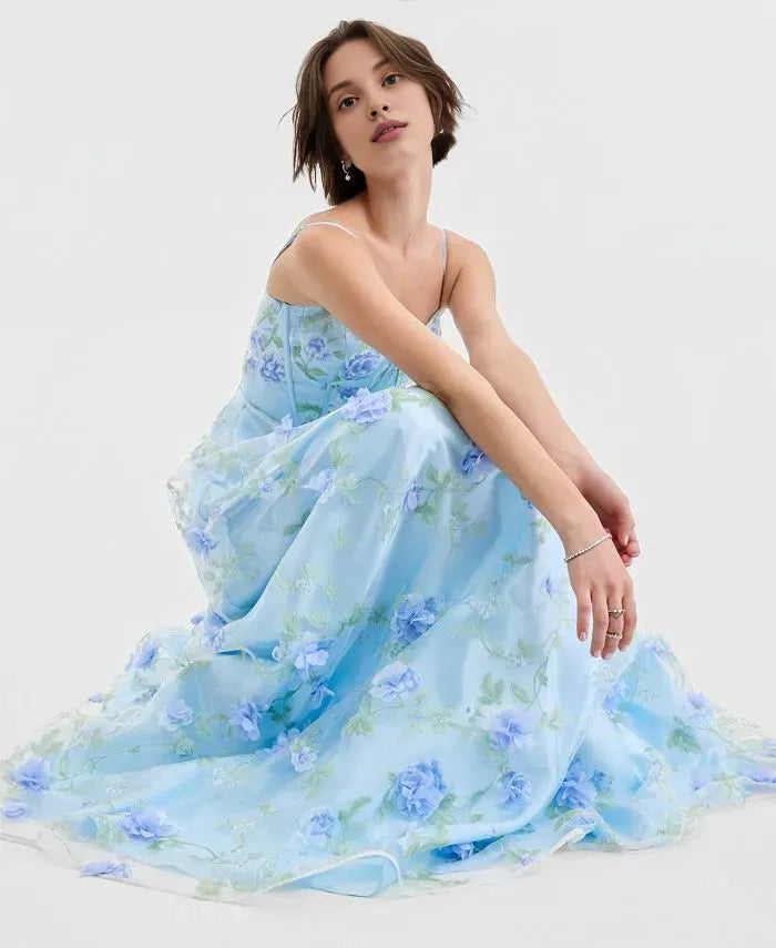 Romantic Ball Gown Sweetheart Sleeveless Flower Printed Floor-Length Prom Dress