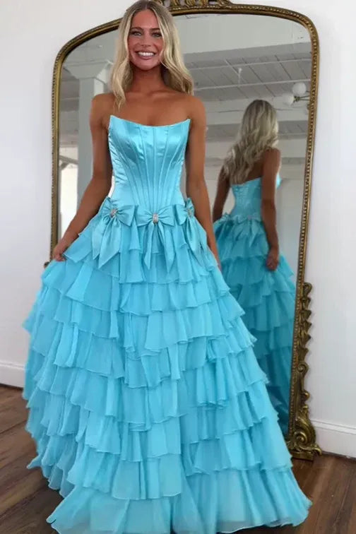 Romantic Bateau Strapless Sleeveless A-Line Bows Tiered Long Prom Dress