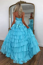 Romantic Bateau Strapless Sleeveless A-Line Bows Tiered Long Prom Dress