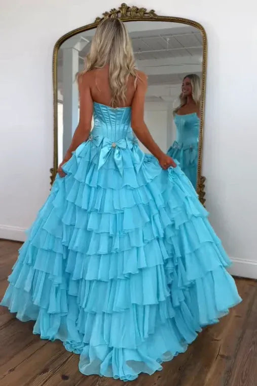 Romantic Bateau Strapless Sleeveless A-Line Bows Tiered Long Prom Dress