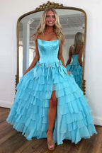 Romantic Bateau Strapless Sleeveless A-Line Bows Tiered Long Prom Dress