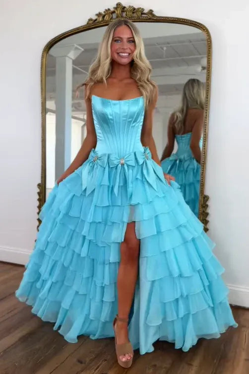 Romantic Bateau Strapless Sleeveless A-Line Bows Tiered Long Prom Dress