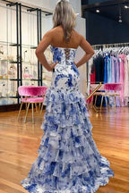 Blue Romantic Floral Strapless Tiered Ruffled Mermaid Gown With Lace-Up Back
