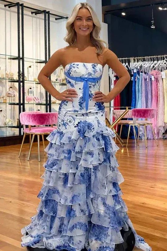 Blue Romantic Floral Strapless Tiered Ruffled Mermaid Gown With Lace-Up Back