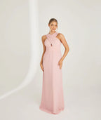 Romantic Blush Pink Cross-over Halter Neck Cutout Chiffon A-line Floor-length Bridesmaid Dresses