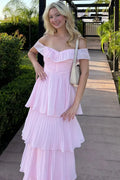 Blush Pink Romantic Blush Pink Off-Shoulder Tie Ruffled Maxi Prom Dress