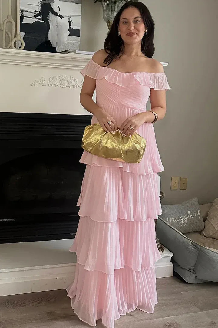 Blush Pink Romantic Blush Pink Off-Shoulder Tie Ruffled Maxi Prom Dress