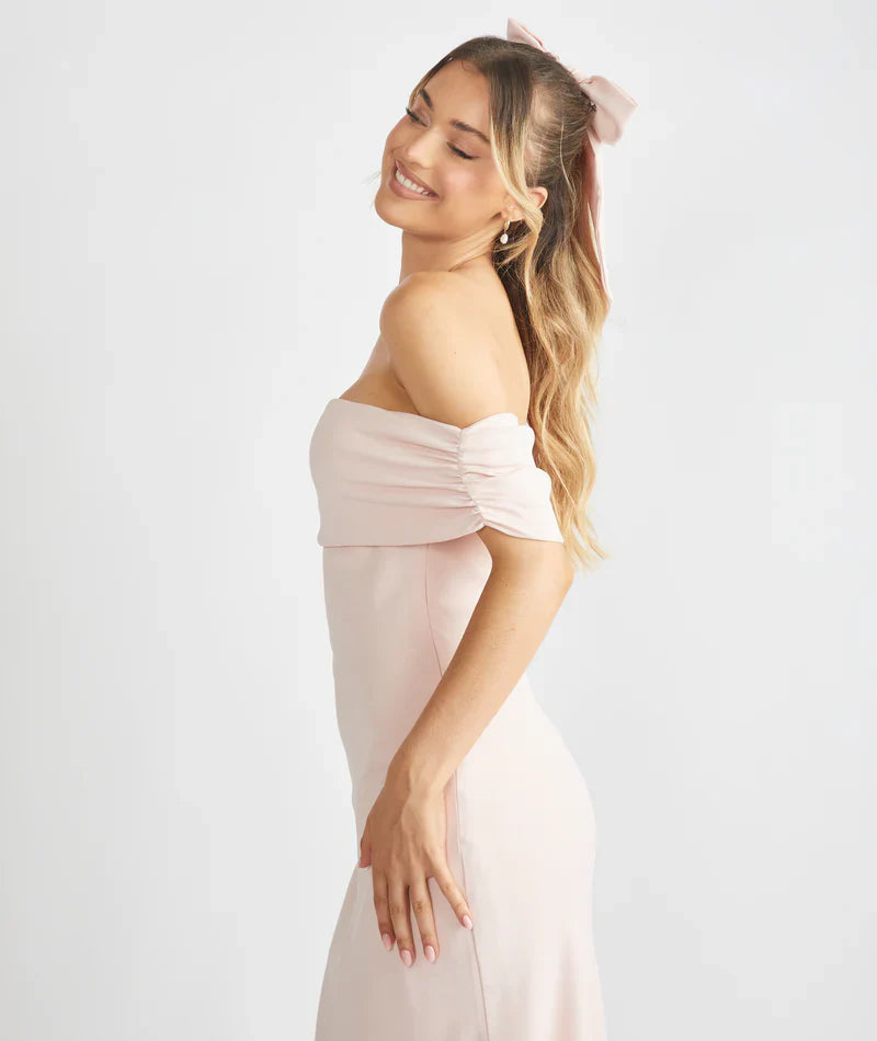 Romantic Blush Pink Off-the-shoulder Draped Neckline Satin Bodycon Floor-length Bridesmaid Dresses